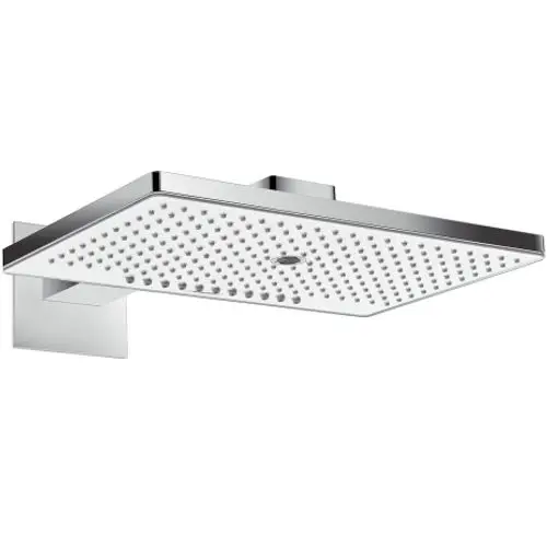 Shower head in a square design with a chrome finish and multiple spray options, mounted on a wall with a sturdy arm. Produced by Hansgrohe.